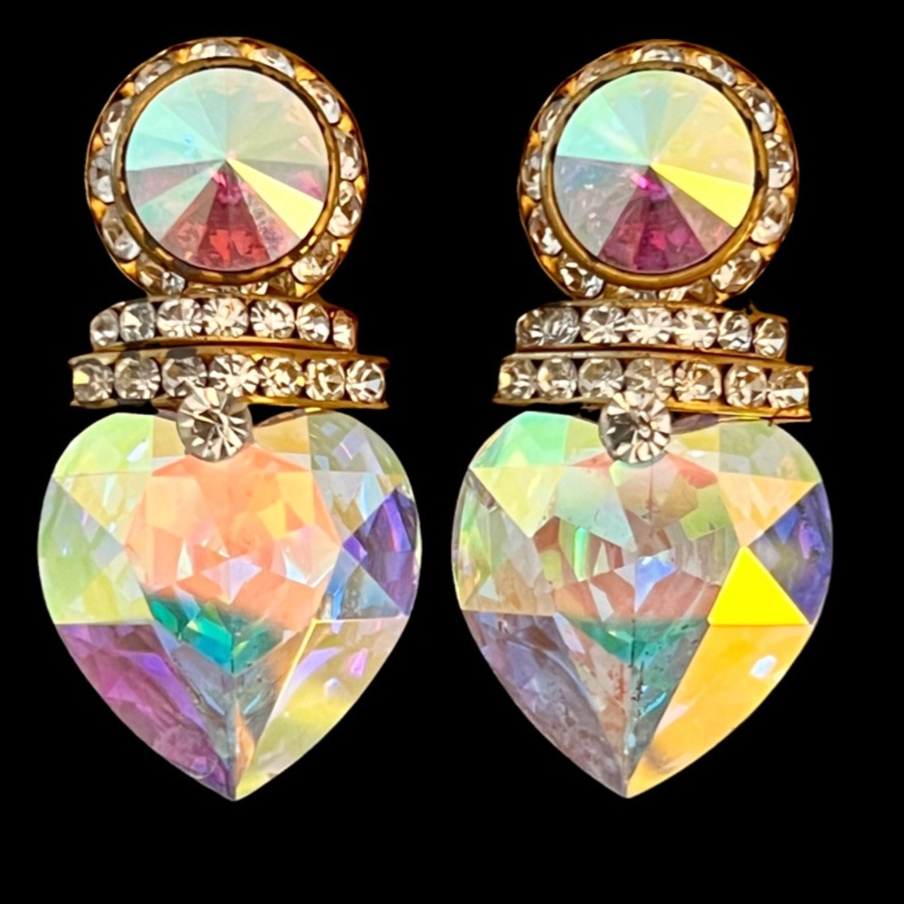 Stunning Faceted Aurora Borealis Crystal & Cubic Zirconia Clip Pageant Earrings